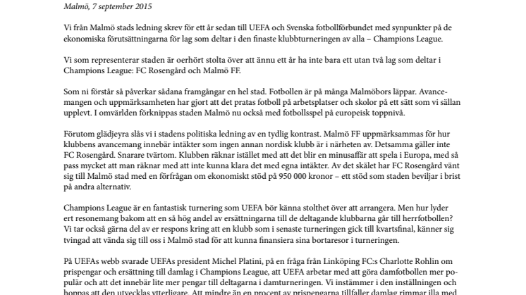 Malmö stad skriver till Uefa om ojämställda ersättningar