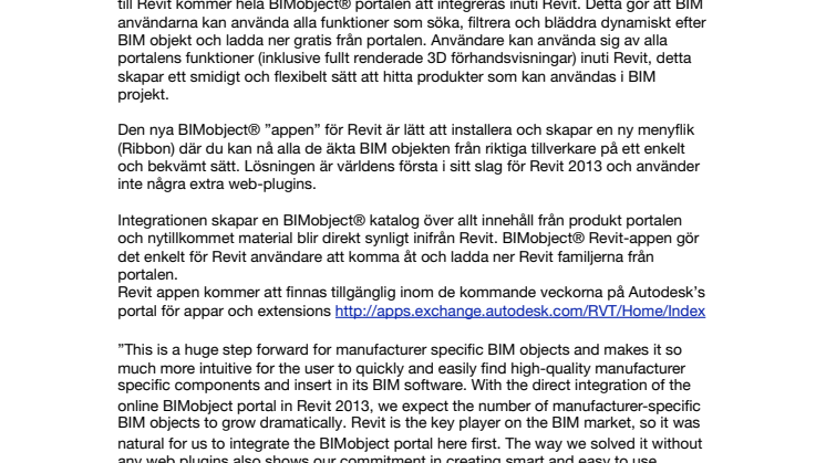 BIMobject AB släpper världens första helt integrerade BIM objekt portal för Autodesk Revit 2013