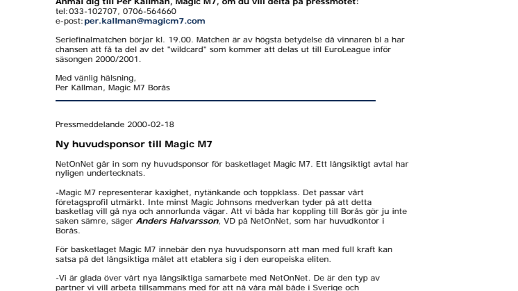 NetOnNet huvudsponsor till Magic M7