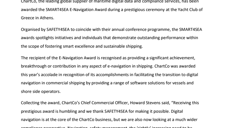 ChartCo:  ChartCo Wins SMART4SEA E-Navigation Award