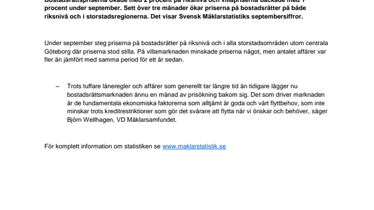 Kommentar till Svensk Mäklarstatistik: ”Prisutvecklingen drivs av fundamenta och flyttbehov”