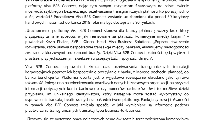 Globalny start platformy Visa B2B Connect