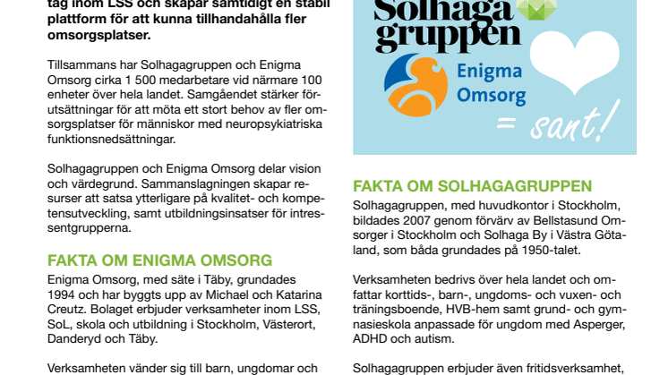 Solhagagruppen går samman med Enigma Omsorg 