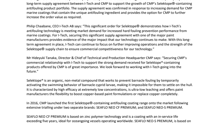 I-Tech AB signs deal for largest ever Selektope® order with Chugoku Marine Paints