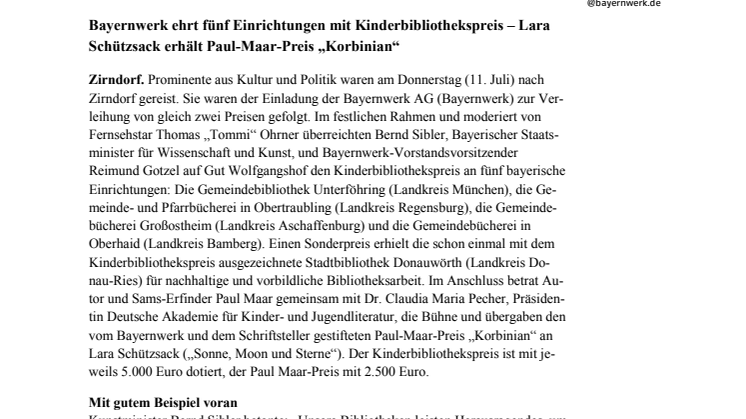 Galaabend im Zeichen des Lesens - Bayernwerk ehrt fünf Einrichtungen mit Kinderbibliothekspreis - Lara Schützsack erhält Paul Maar-Preis „Korbinian“