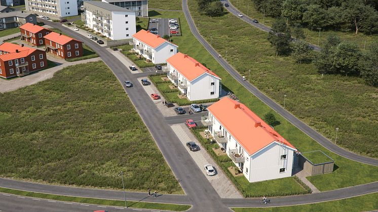 Översiktsbild. De nya husen i området BoKlok Teaken kommer att bestå av sju olika huskroppar: två fyravåningshus, ett trevåningshus och fyra tvåvåningshus. 