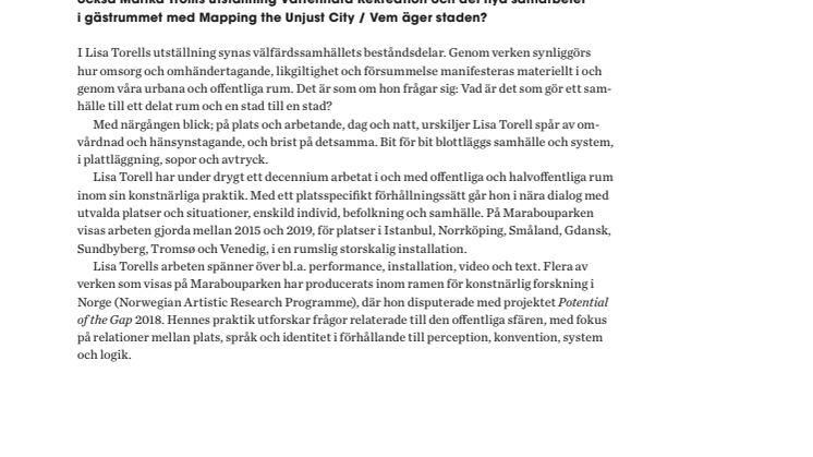 ​MARABOUPARKEN KONSTHALL – Lisa Torell:  Trottoaren, ett mästerverk.