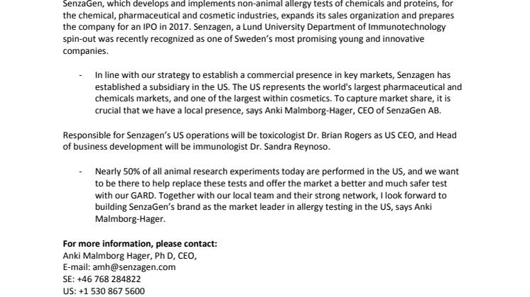SenzaGen establishes subsidiary in the US 