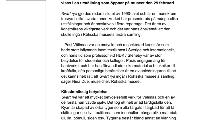​Svart rya av Pasi Välimaa till Röhsska museet