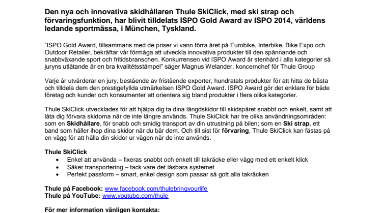 Thule SkiClick utnämnd till vinnare i prestigefyllda ISPO Gold Award på ISPO 2014 i München