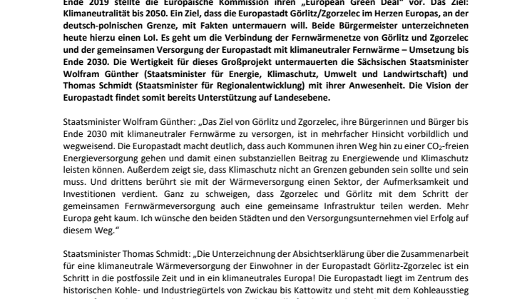 Ausbau der klimaneutralen Fernwärmeversorgung: Görlitz und Zgorzelec unterzeichnen Letter of Intent