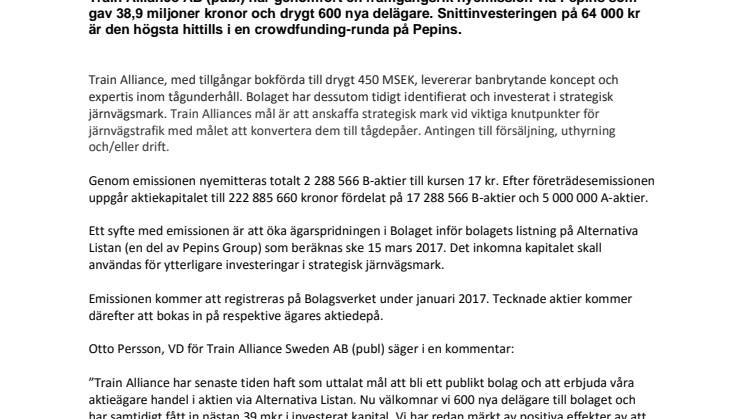 Train Alliance tog in 38,9 miljoner kronor och drygt 600 nya delägare via Pepins 