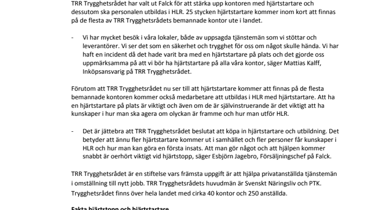 Falck levererar hjärtstartare och utbildning i hjärt- lungräddning till TRR Trygghetsrådet