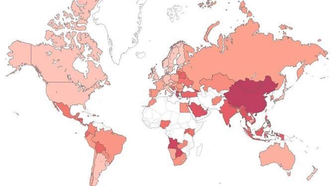 Kartan visar ett globalt riskindex över riskområden för skadlig kod runtom i världen