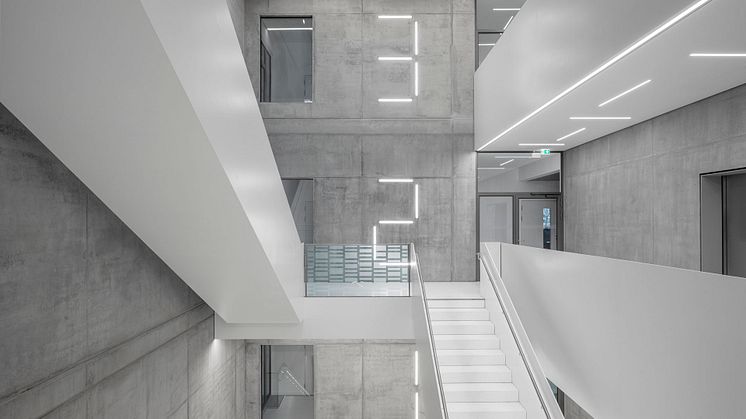 Foto: Henrik Schipper. Treppenhaus im BerlinBioCube. Das Projekt wurde vom renommierten Architekturbüro doranth post architekten aus München entworfen und von der Campus Berlin-Buch GmbH umgesetzt.