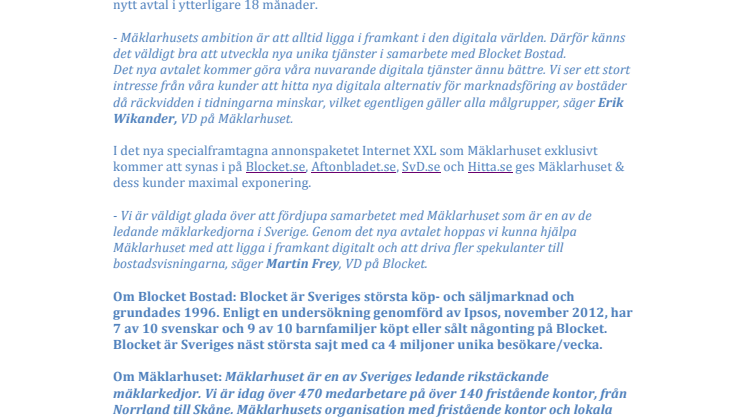 Blocket och Mäklarhuset förlänger & fördjupar samarbetet