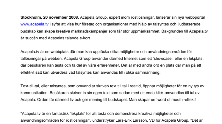 Acapela.tv - ny portal för att demonstrera de mångfasetterade möjligheterna med talsyntes