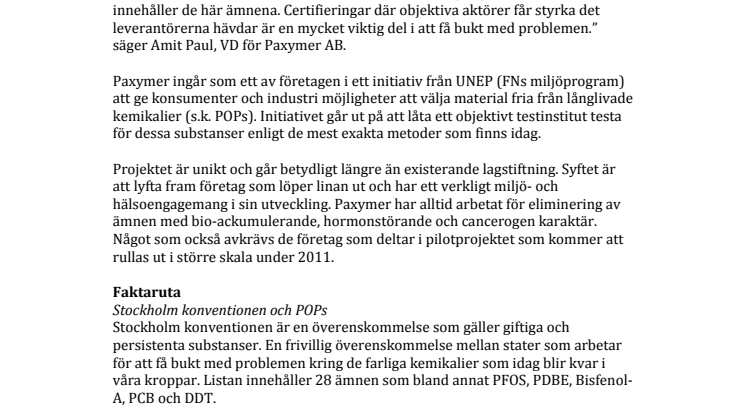 Paxymer UNEP-certifieras som första svenska materialtillverkare