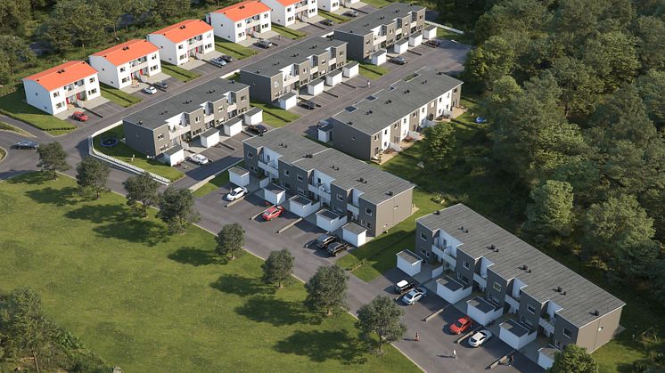 Översiktsillustration av det nya kvarteret med både parhus och radhus, BoKlok Myrvisslaren. 