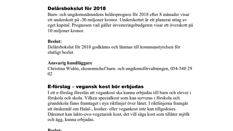 Beslut i korthet från barn- och ungdomsnämnden 