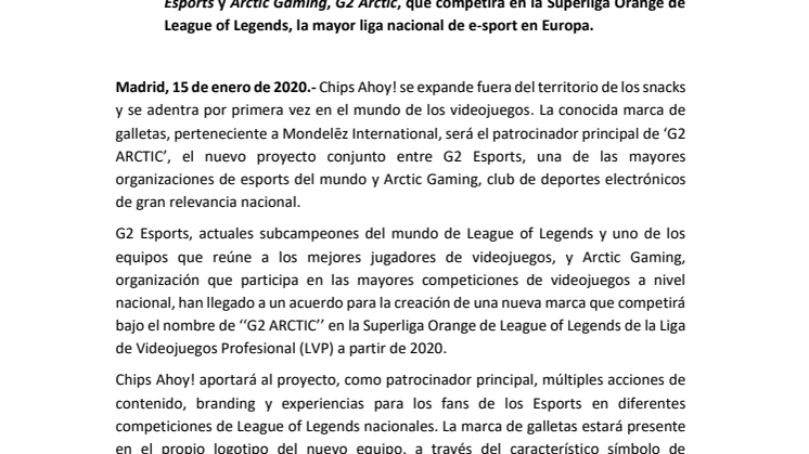 Chips Ahoy! patrocina a G2 ARCTIC, el nuevo equipo de la Superliga Orange de League of Legends de la LVP