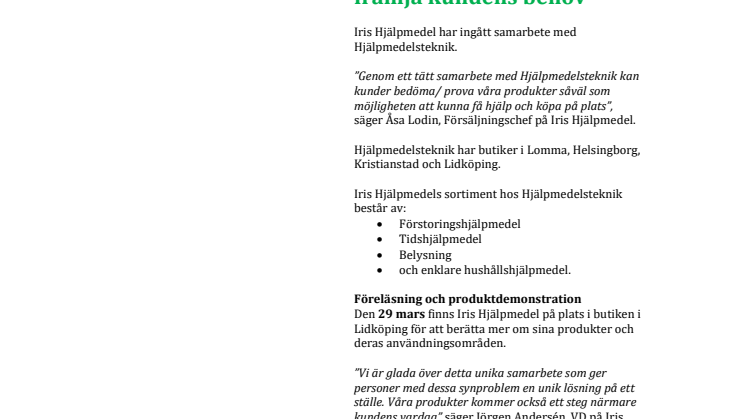 Iris Hjälpmedel samarbetar: Starkare samarbete för att främja kundens behov