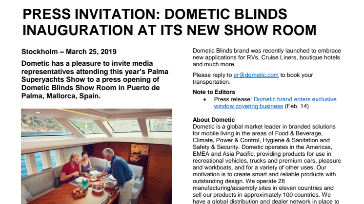 Dometic press event: Invitation to opening of Dometic Blinds Show Room in Puerto de Palma 