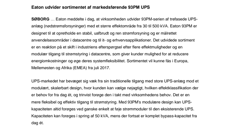 Eaton udvider sortimentet af markedsførende 93PM UPS