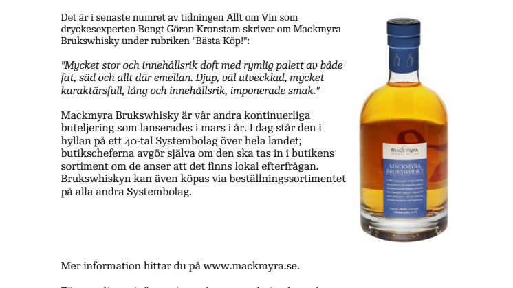 Bengt-Göran Kronstam utser Mackmyra Brukswhisky till Bästa Köp 