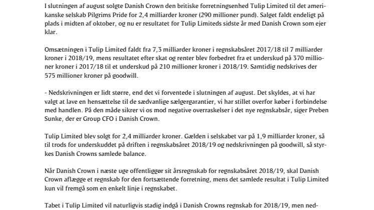Danish Crown lukker bøgerne i Tulip Limited 