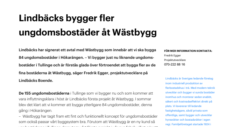 Lindbäcks bygger fler ungdomsbostäder åt Wästbygg