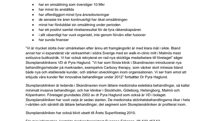 Stureplanskliniken återigen utnämnd till ett av Sveriges snabbast växande företag - Gasellföretag 2011
