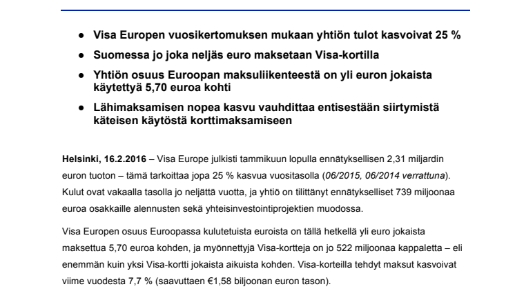 Visa Europe teki ennätyksellisen liikevaihdon viime vuonna – Suomessa jo joka neljäs euro maksetaan Visa-kortilla