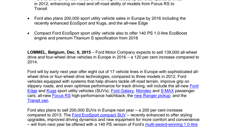 Ford All-Wheel Drive and Four-Wheel Drive Sales to Double, SUV Sales to Triple in Europe  