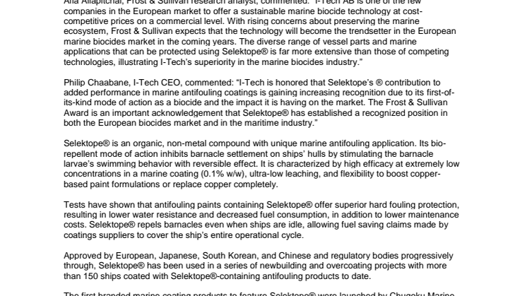 I-Tech AB recognized with European Marine Biocides Technology Innovation Award for Selektope® antifouling ingredient