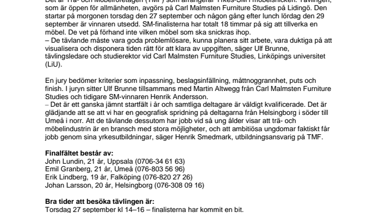 Pressinbjudan: Yrkes-SM final i möbelsnickeri: Sveriges bästa möbelsnickare utses