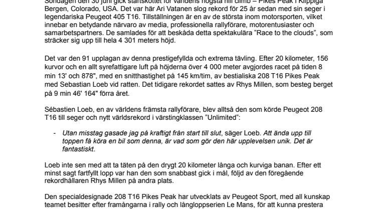 Seger för Peugeot i Pikes Peak och nytt världsrekord