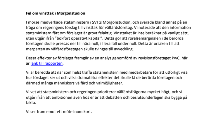 Fel om vinsttak i Morgonstudion - Öppet brev till statsministern 