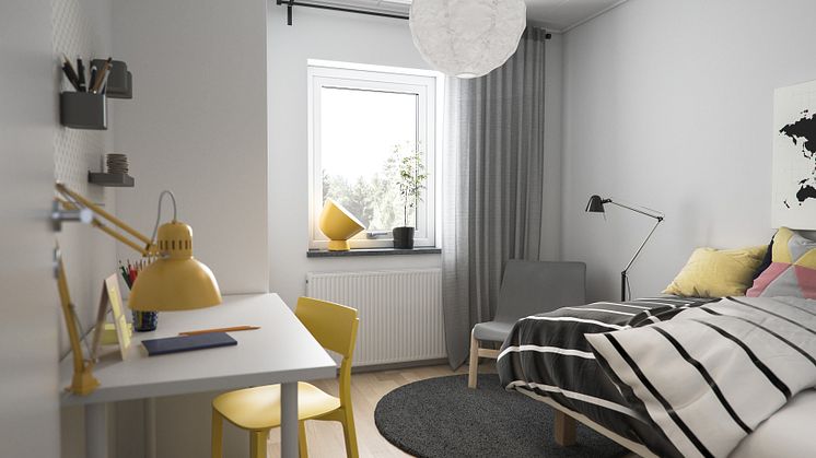 Illustration av interiör, sovrum nr. 2, BoKlok småhus 2019. 