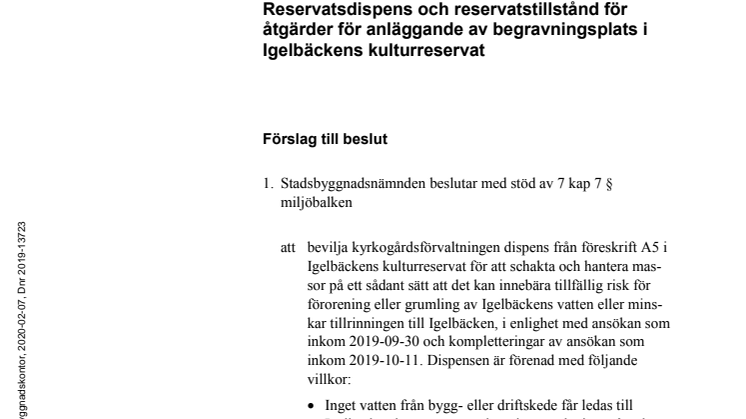Stadsbyggnadskontorets tjänsteutlåtande ang reservatstillstånd 20 feb 2020