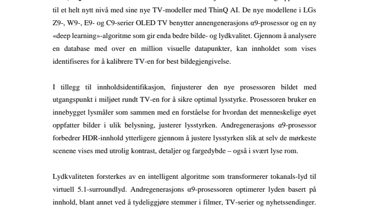 ThinQ AI og andregenerasjons Alpha 9 (α9) prosessor løfter  brukeropplevelsen på LGs nye TV-modeller til et nytt nivå 
