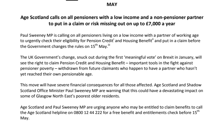 Age Scotland and Paul Sweeney MP urges local residents to claim Pension Credit and Housing Benefit now before UK Government changes rules