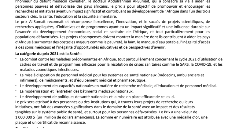 Prix Al-Sumait 2021 Appel aux candidatures