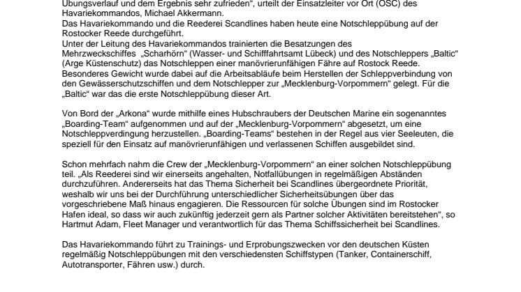 Notschleppübung auf Rostock Reede: Havariekommando und Scandlines ziehen positives Fazit