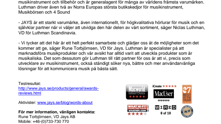 Jays ingår distributionsavtal med Luthman Scandinavia
