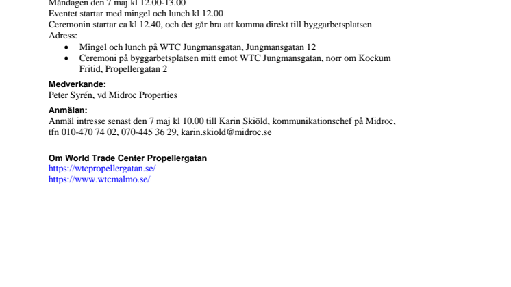 Midroc firar byggstarten av ett nytt World Trade Center i Malmö