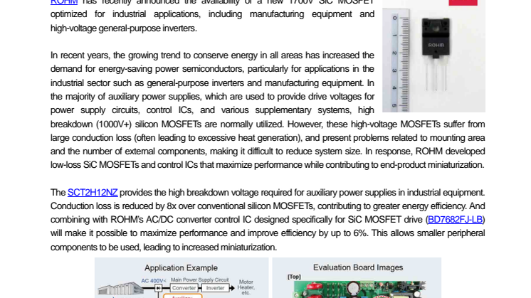ROHM’s New 1700V SiC MOSFET --- Jump-start prototyping and development by combining with ROHM’s control IC and evaluation board