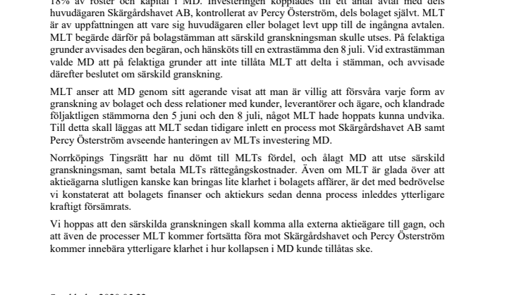 MEUS LIBERI TRIPUDIUM AB VINNER MOT MULTIDOCKER CARGO HANDLING AB SOM AV TINGSRÄTTEN ÅLÄGGS UTSE SÄRSKILD GRANSKNINGSMAN.