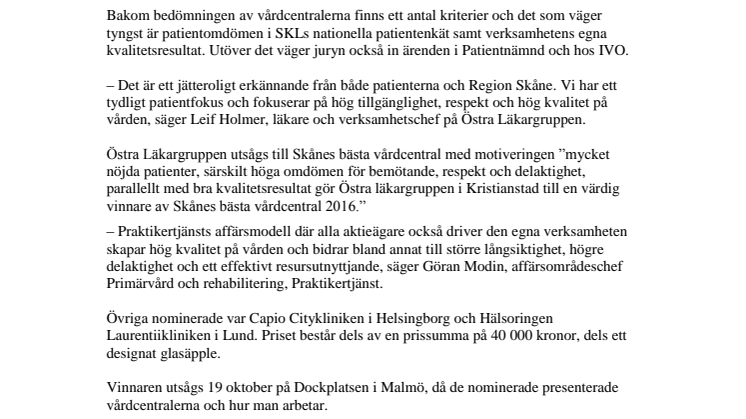 Östra Läkargruppen i Kristianstad utsedd till Skånes bästa vårdcentral 2016
