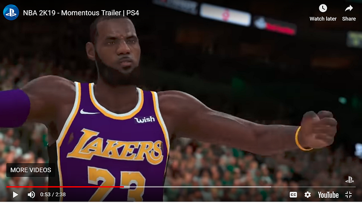 A screen grab of a trailer for the basketball game NBA2K19, featuring Lebron James